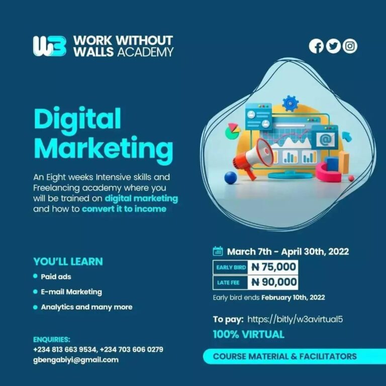 Oladayo Adeniyi flier to launch the Digital Marketing Cohort for Work without Walls Academy